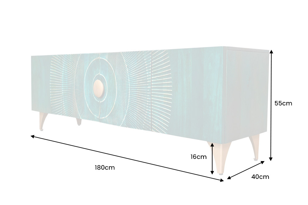 Massives TV-Lowboard GOLDEN SUNSET 180cm türkis 3D-Schnitzereien gold Mangoholz Metall