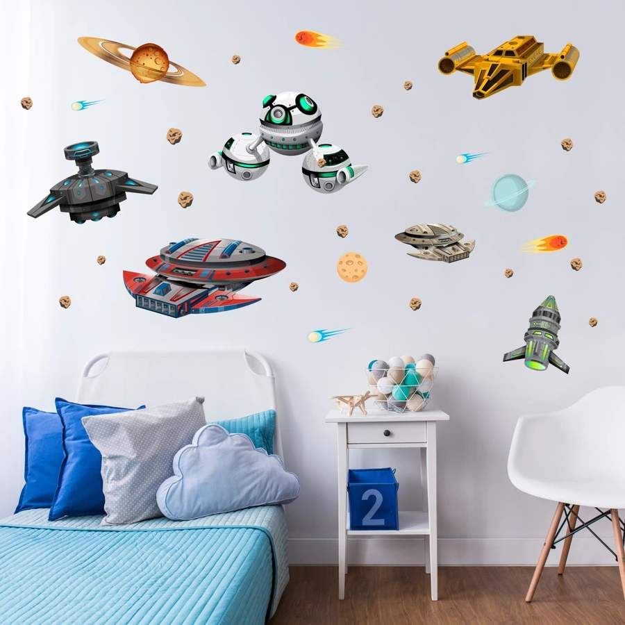 Nikima Wandtattoo 022 Wandtattoo Raumschiffe UFO Space Shuttle Planet Weltall Meteorit bunt