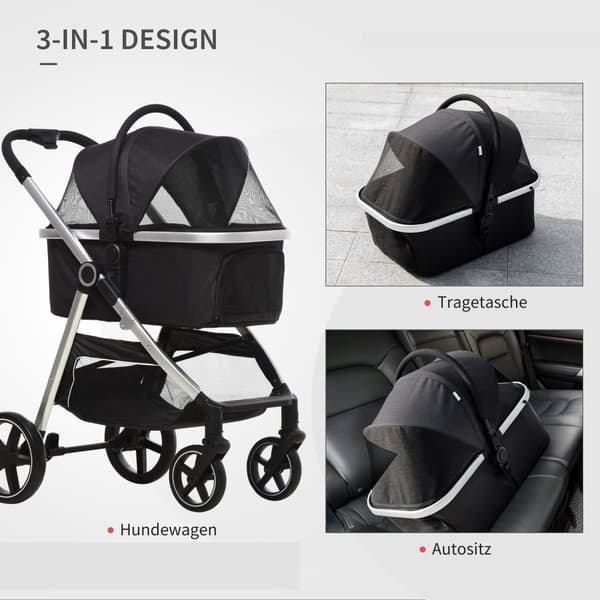 Hundevogn, 3 I 1 Hundevogn, Bilsete, Transportbag, Kattevogn Med Pute Opptil 15 Kg, Sammenleggbar Med Bremser, Nettingvindu, Sikkerhetsliner