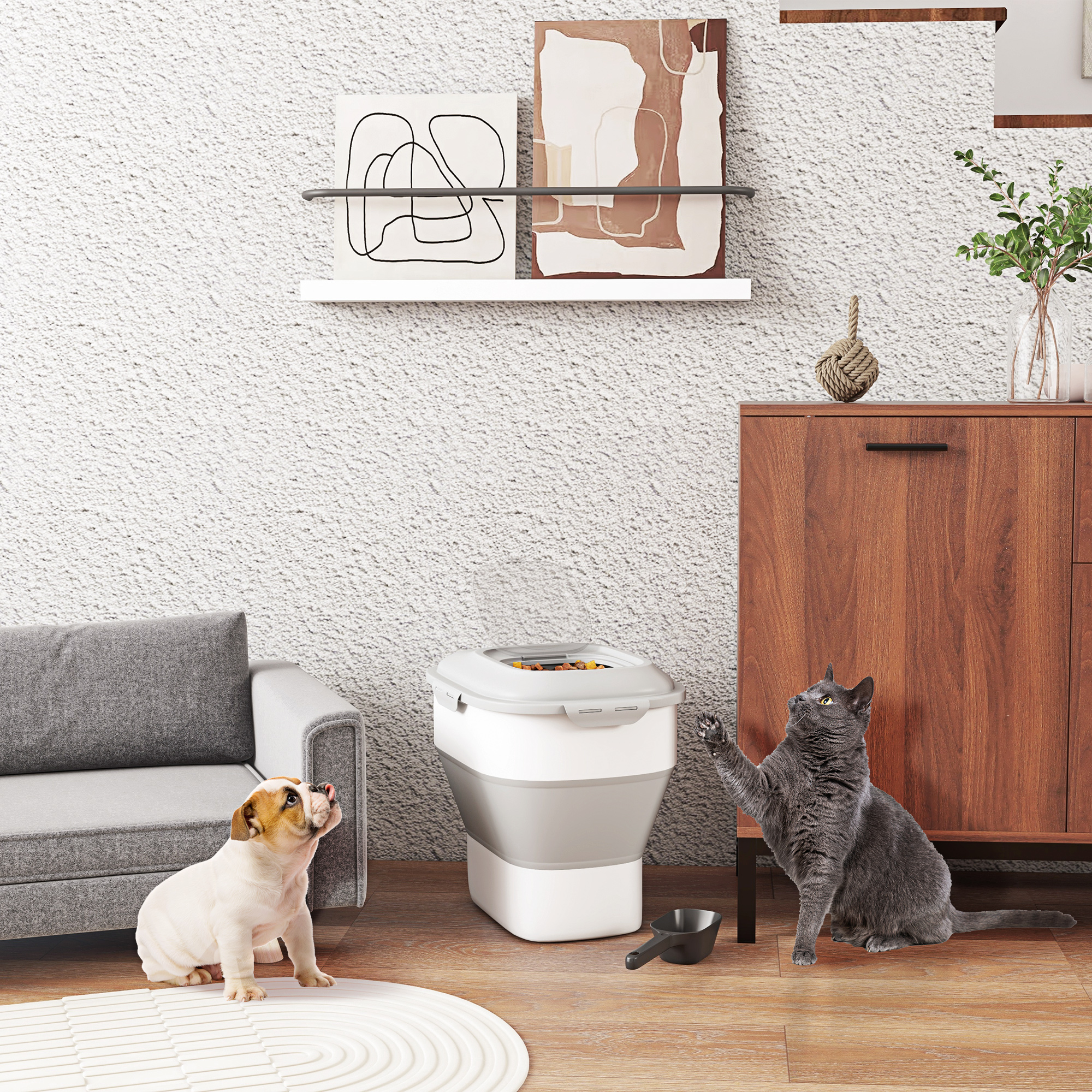 Recipiente dobrável PawHut de 25 litros para ração de cães, com rodas, copo medidor, tigela dobrável e pá, ideal para armazenar alimentos para animais de estimação, na cor cinza.