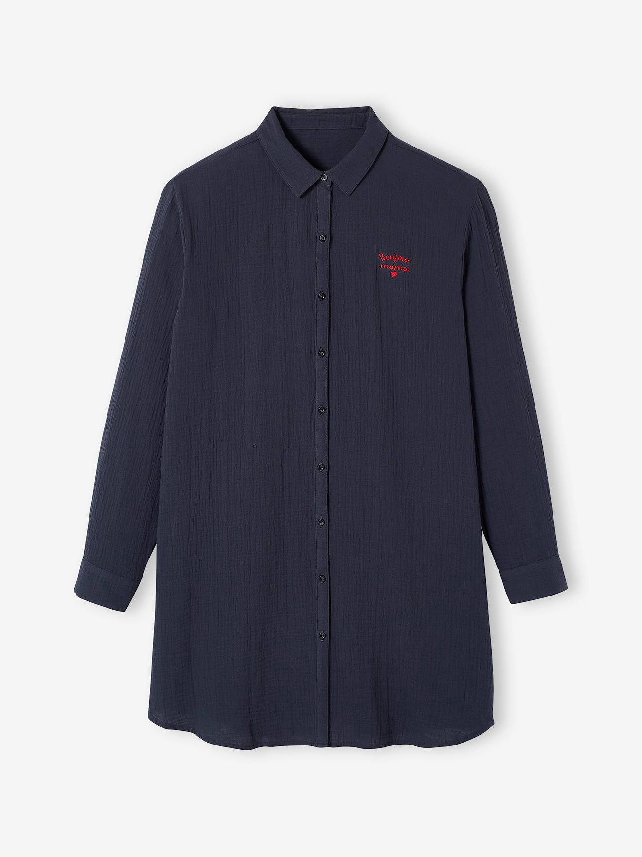 Camisola de amamentação e maternidade em chiffon de algodão cinza escuro.