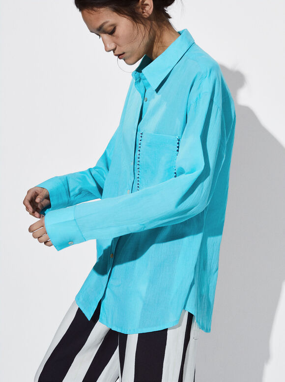 Camisa de algodão com bolso bordado com miçangas - Azul