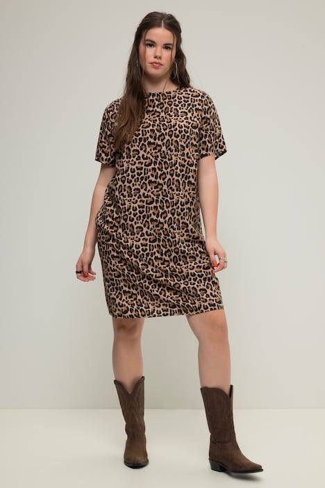 Minikleid, Loose Shape, Leo-Print, Rundhals, Halbarm