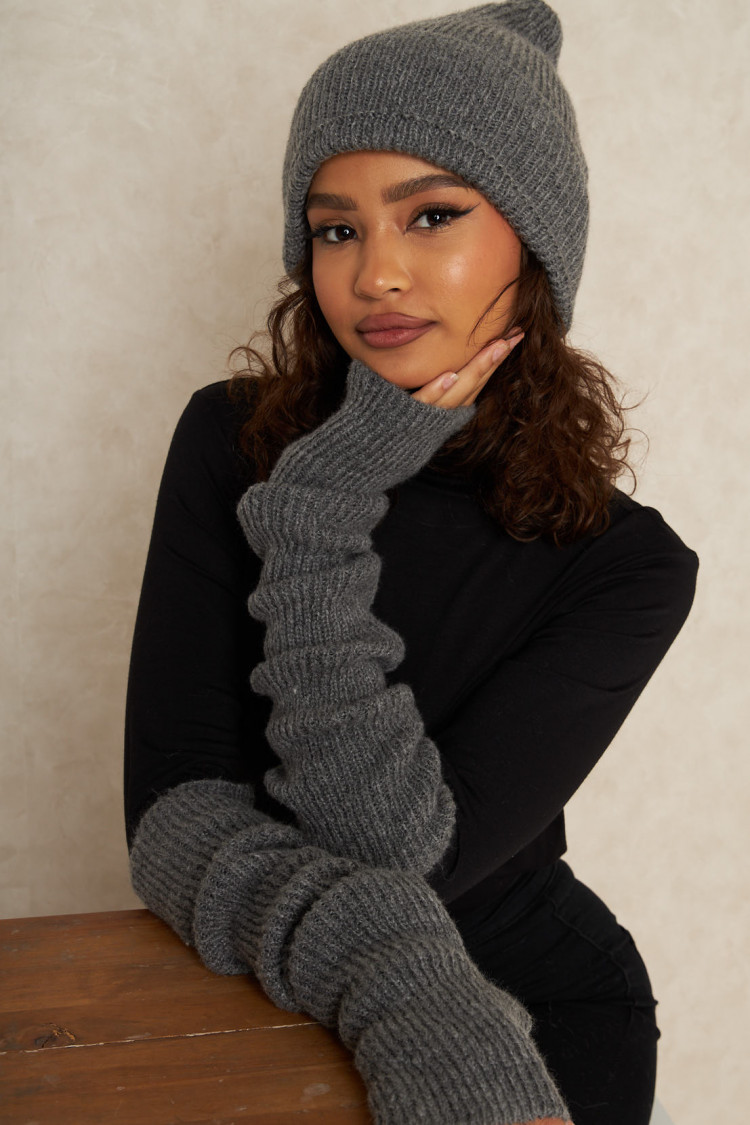 Ensemble 2 pièces bonnet et mitaine en laine gris foncé