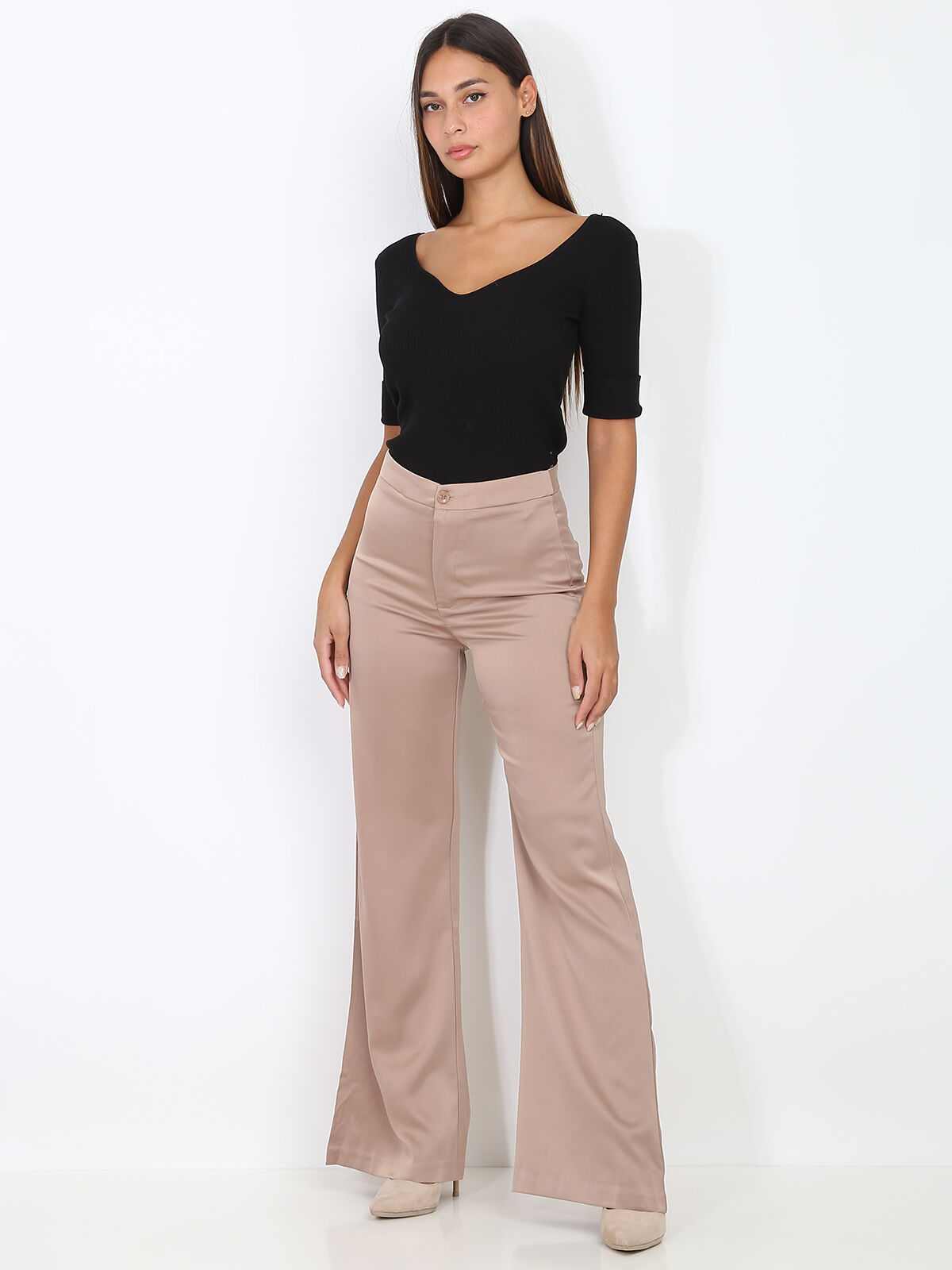 Pantalon moulant flare satiné- Taupe