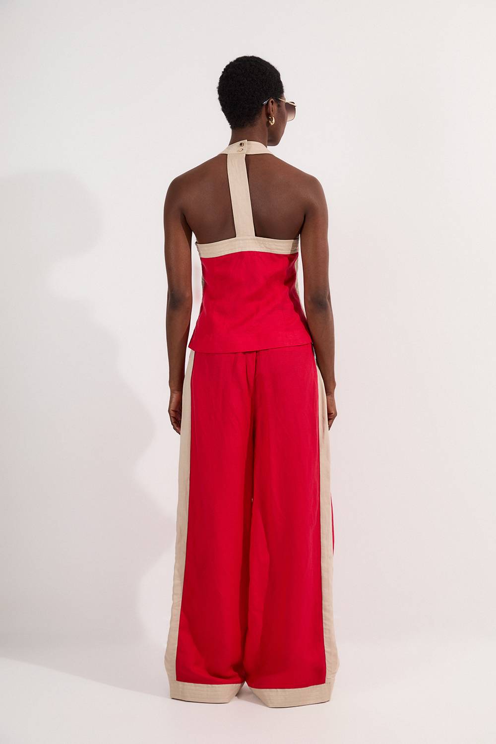 KarenMillen Pantalon Tissé en Lin Viscose à Blocs de Couleur