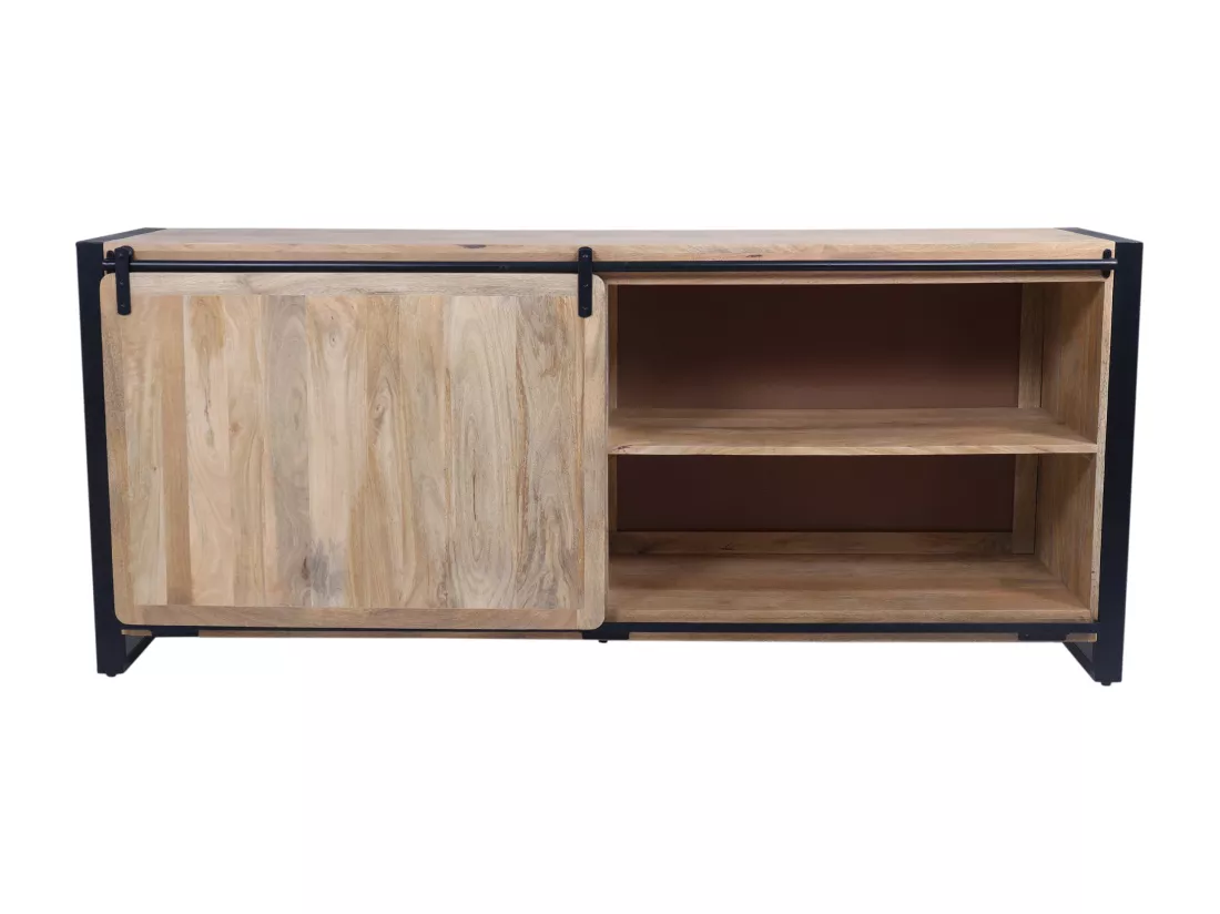 Buffet avec 1 porte et 6 tiroirs en bois de manguier et métal - Naturel et noir - HARLEM II