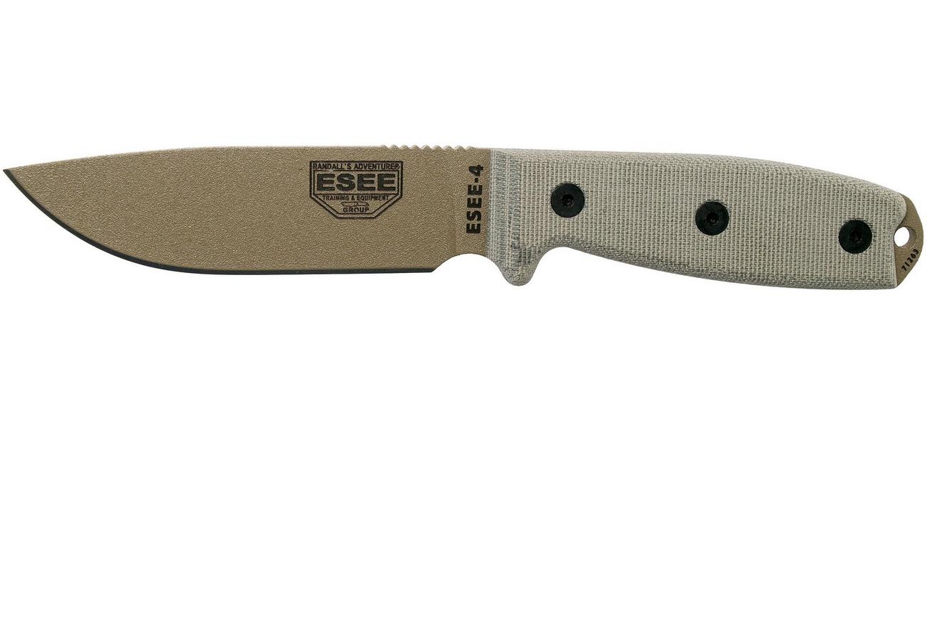 ESEE Model 4 dark earth blade, grey handle 4P-MB-DE met zwarte schede   clip en MOLLE-back