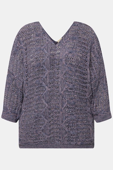 Pullover, Ajourmuster, V-Ausschnitt, 3/4-Arm, Biobaumwolle