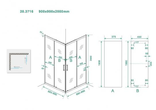 Mueller Dano douchecabine met hoekinstap mat zwart 90x90cm
