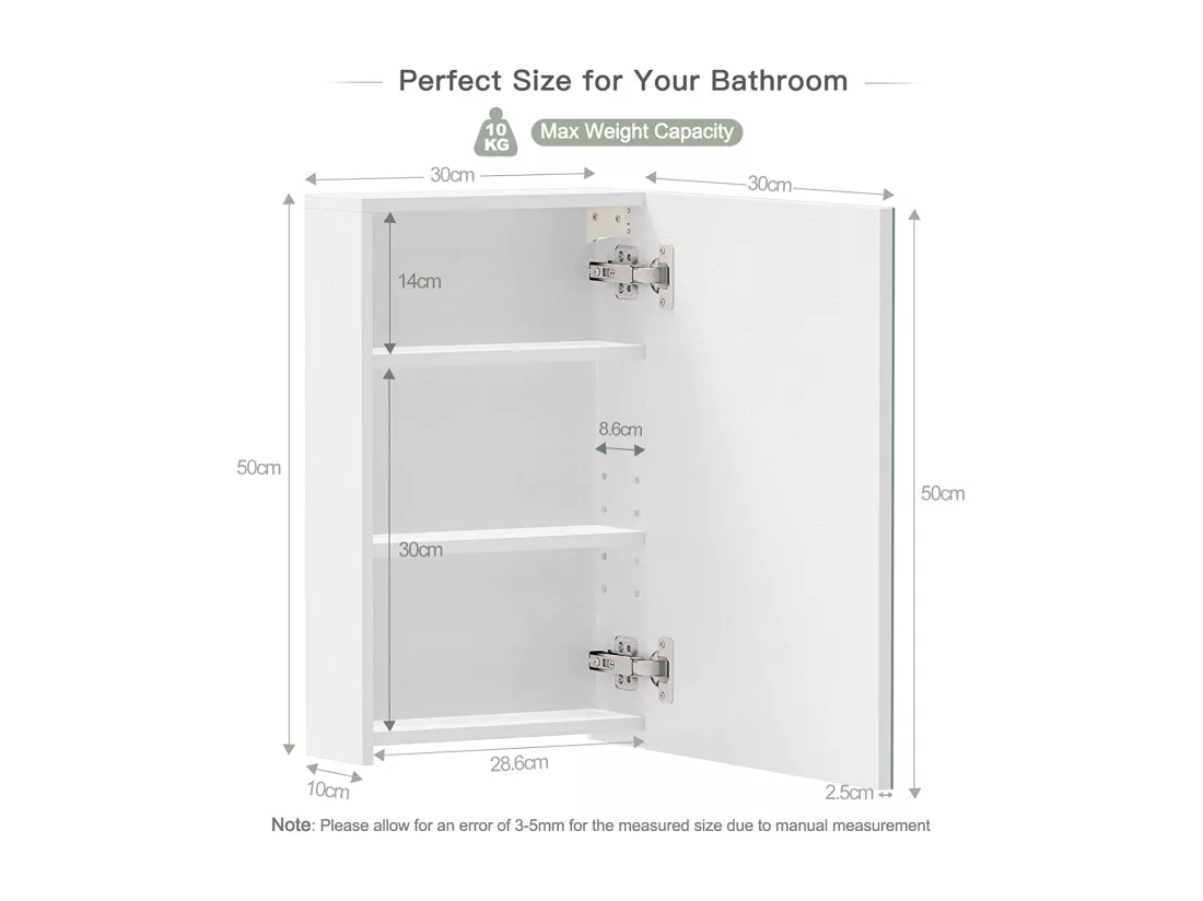 Armoire Miroir de Salle de Bain,Armoire Murale avec Miroir - 3 Étagères - 50x30x12cm - Blanc