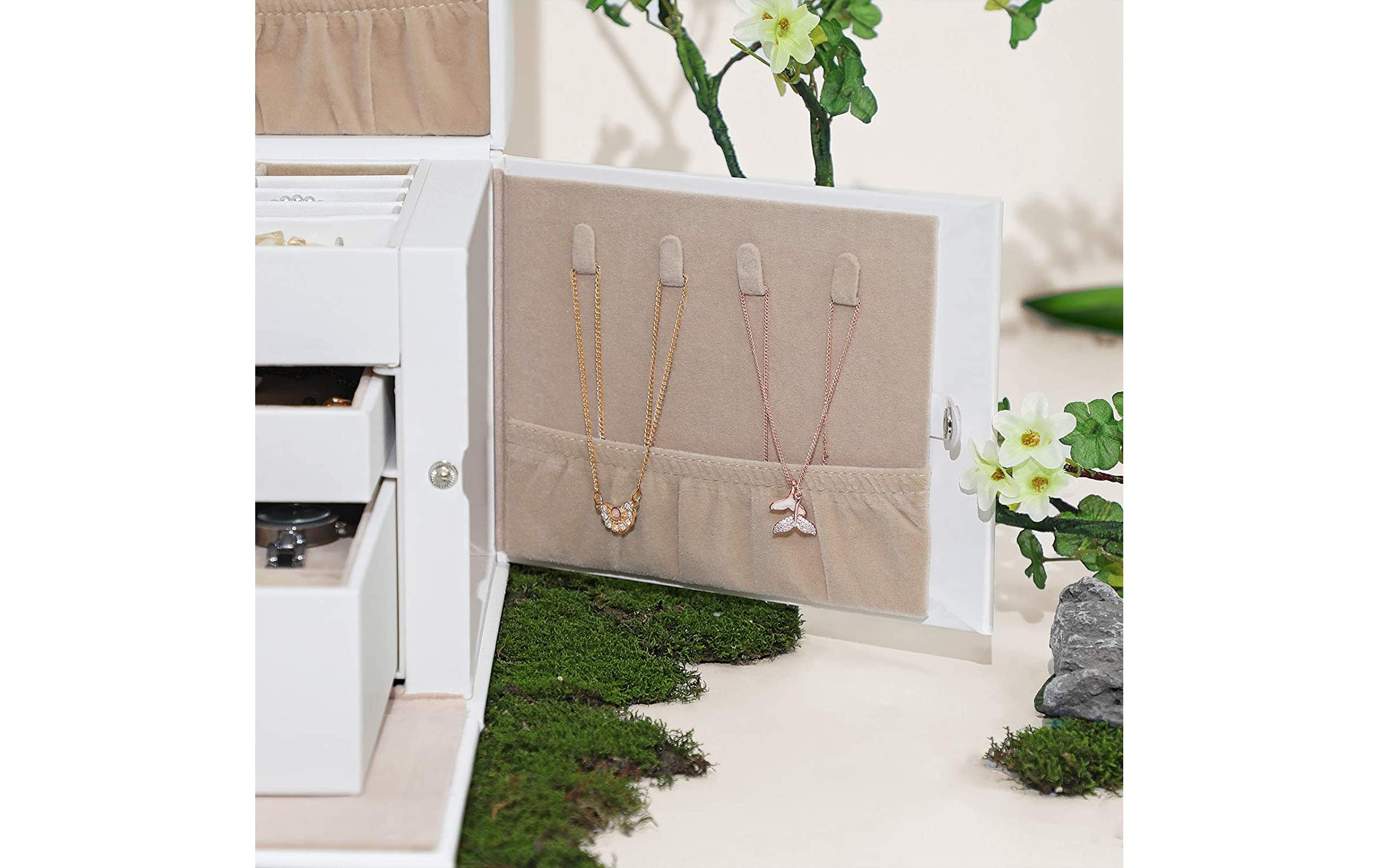 Schmuckschatulle mit 3 Ebenen, Weiss, KunstlederSchmuckbox abschliessbar