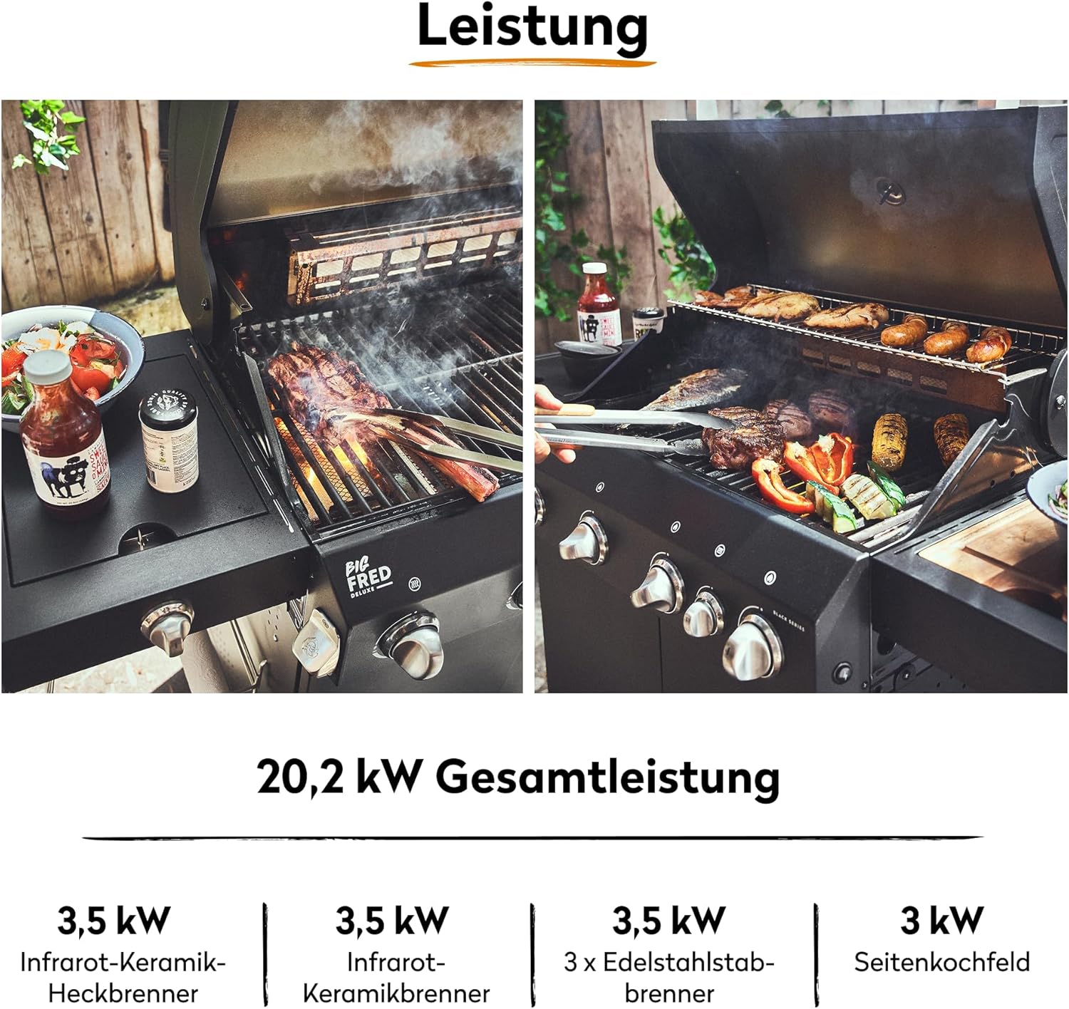 BURNHARD® Gasgrill 4-Brenner inkl. BACKBURNER, 900°C Infrarot-Keramikbrenner, Seitenkochfeld, Edelstahl-Grillrost, Grillabdeckung, Grillwagen, klappbare Seitentische, Schwarz – Big FRED Deluxe