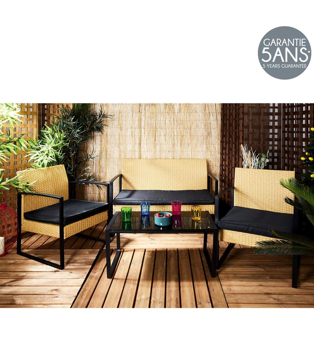 Salon de jardin Alicante 4 places effet cannage - Beige et Noir