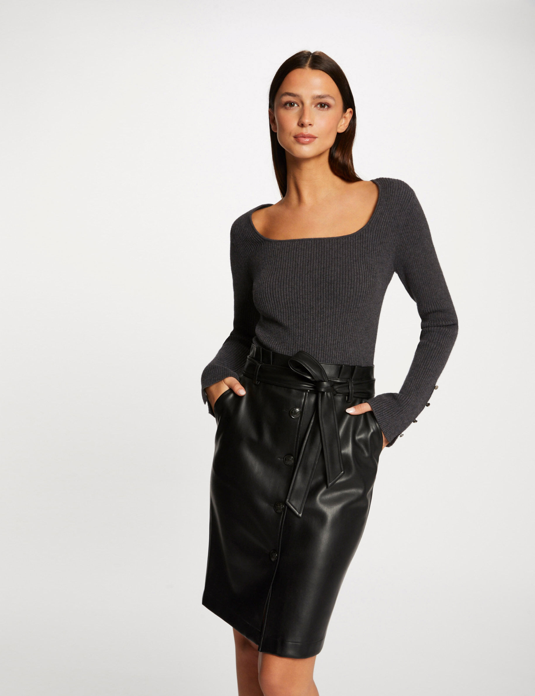 Jupe droite ceinturée simili cuir noir femme - noir