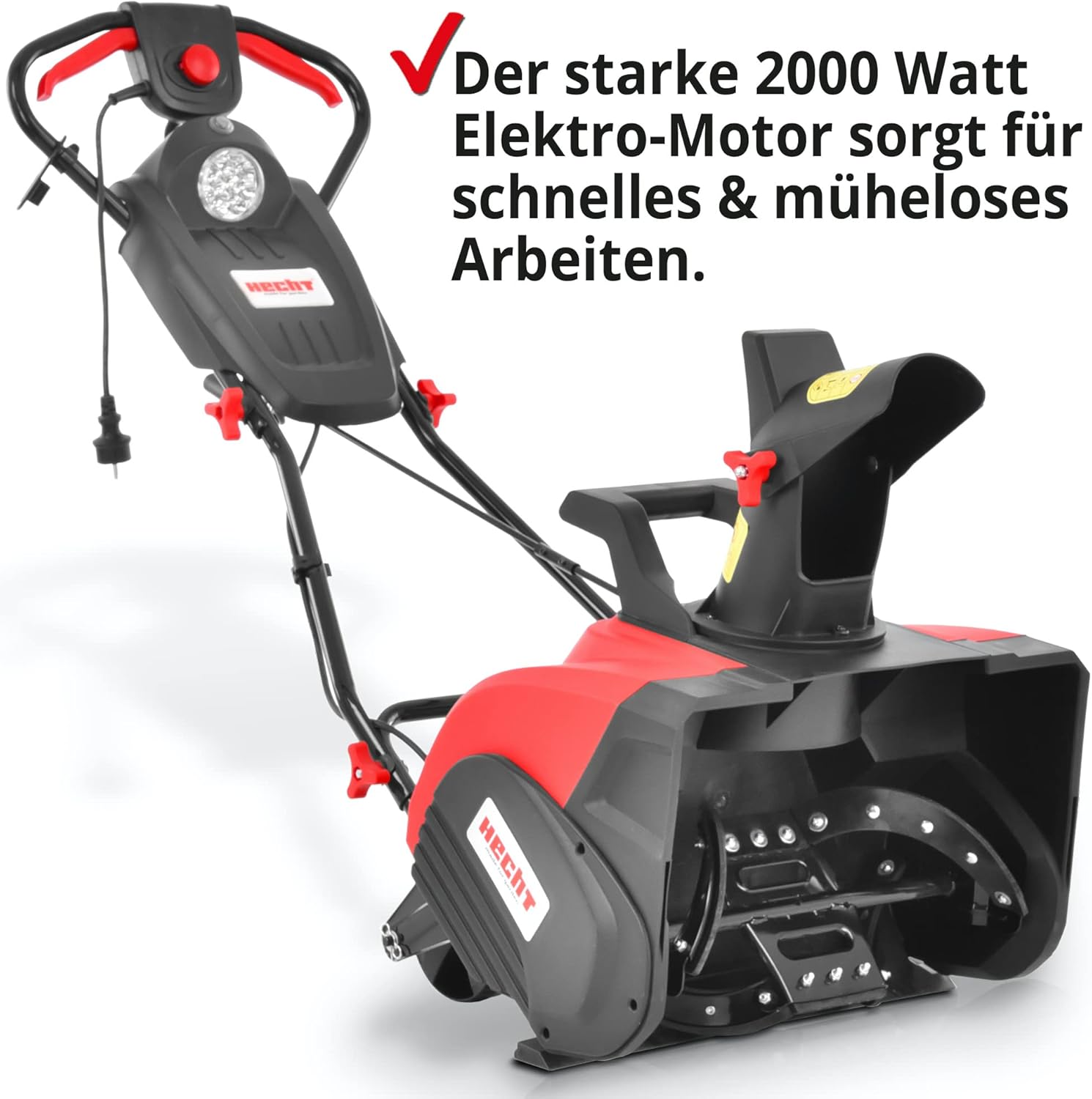 HECHT Elektro Schneefräse – leistungsstarke 2000 Watt – 51 cm Arbeitsbreite – LED-Scheinwerfer – 33 cm Arbeitshöhe – 9 m Auswurfweite – Kabelzugentlastung – 2-Hand Sicherheitsschalter