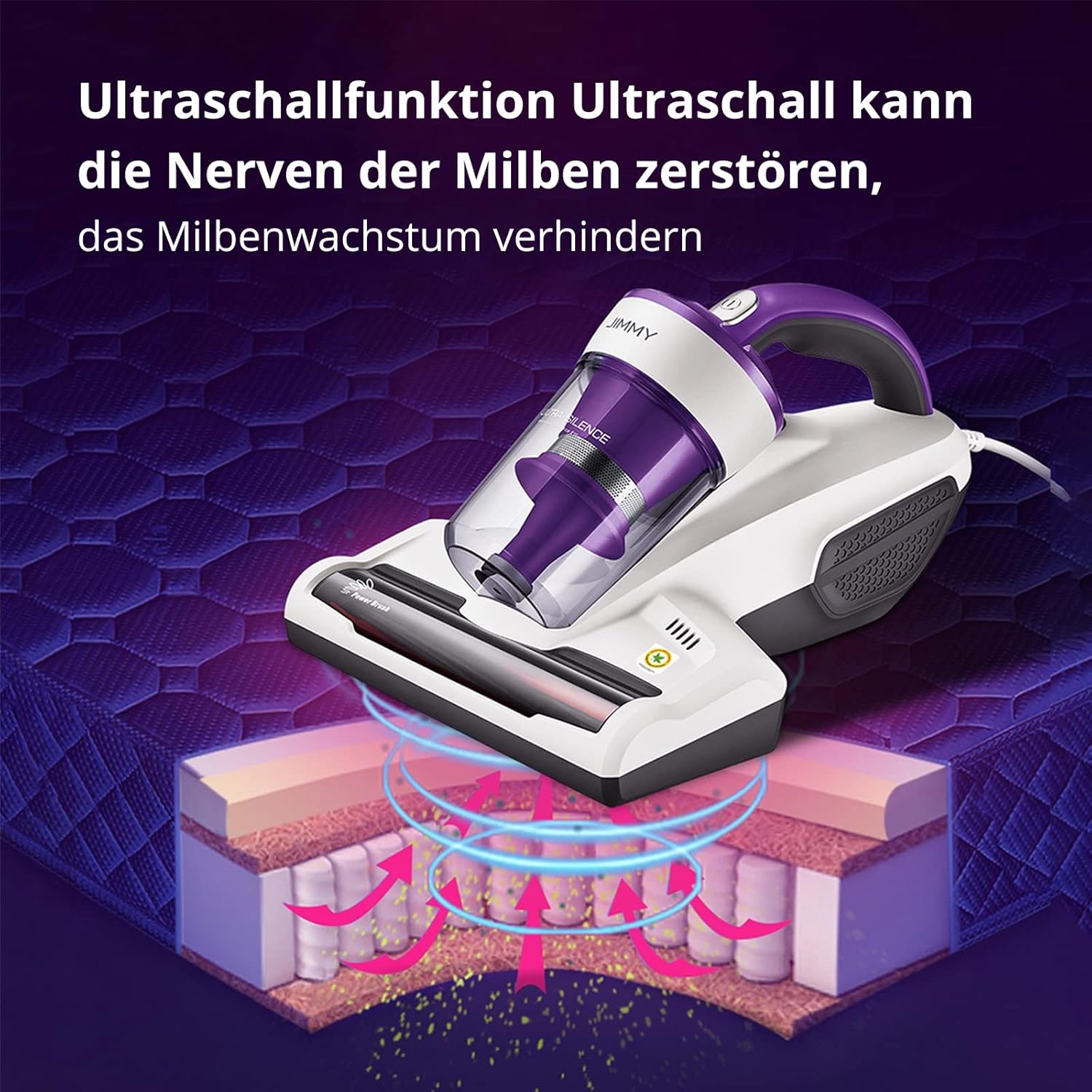 Jimmy Neuste Version 2025 JV12 Milbensauger für Matratzen mit UV-C Lampe Ultraschall Komposit-Bürstenrolle, Doppelzyklon HEPA-Filter 5m Kabel 400W Leistungsstark Matratzenstaubsauger für Allergiker