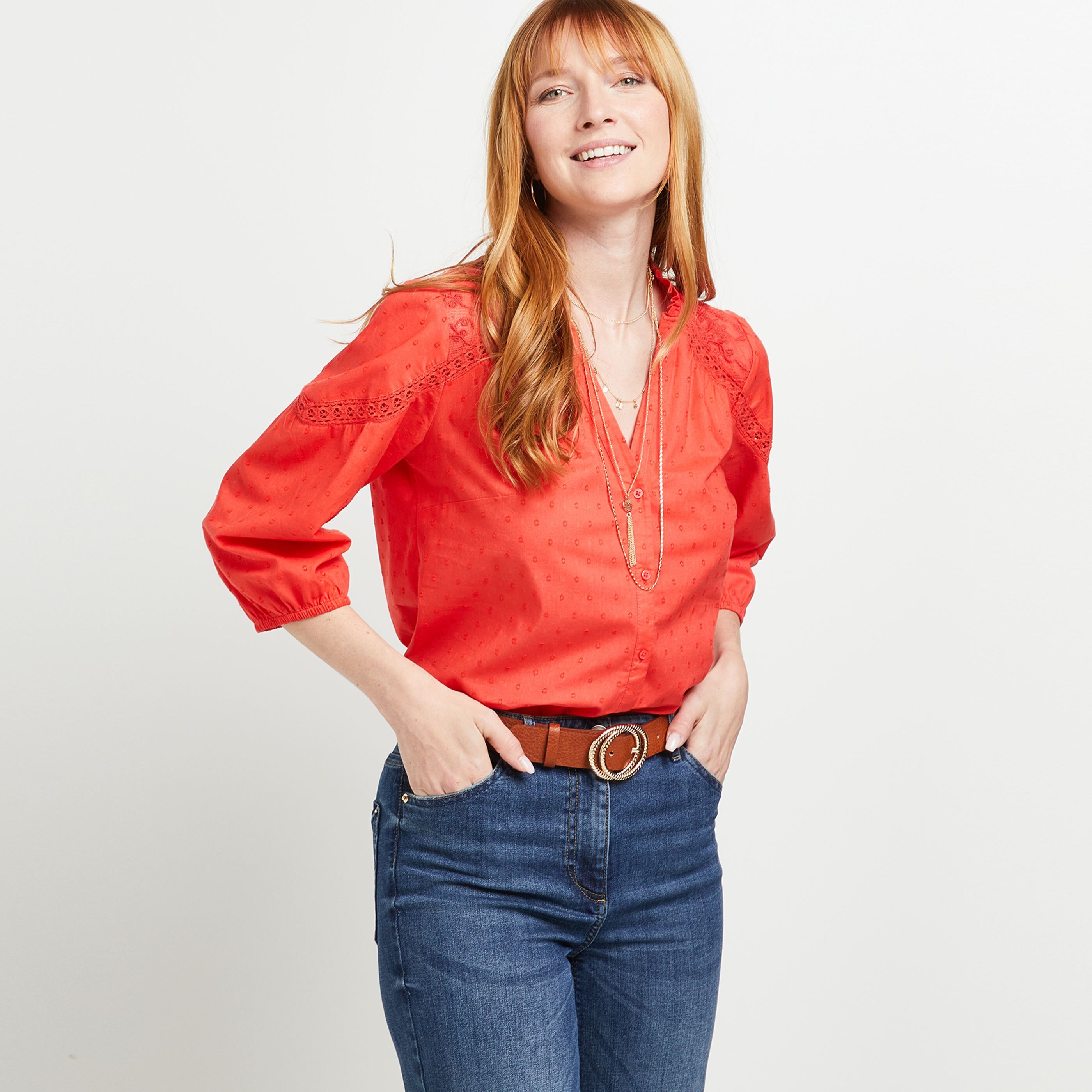 Chemise manches 3/4 dentelle - ROUGE