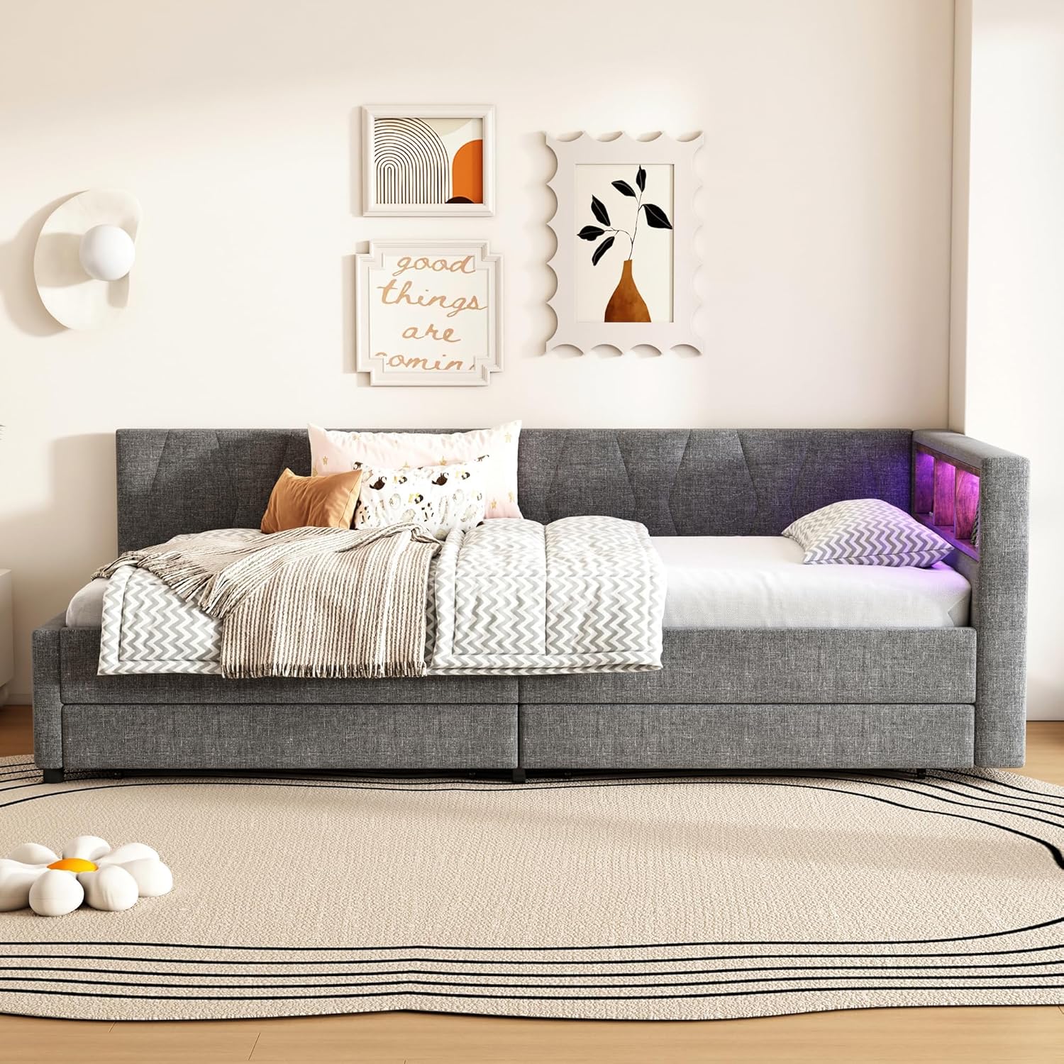 okwish Polsterbett Schlafsofa 90x200 cm Einzelbett, Daybett Funktionsbett mit LED & USB+TypC, Tagesbett Stauraumbett mit Schubladen, Gepolstertes Bettgestell mit Lattenrost, Leinen Grau, ohne Matratze