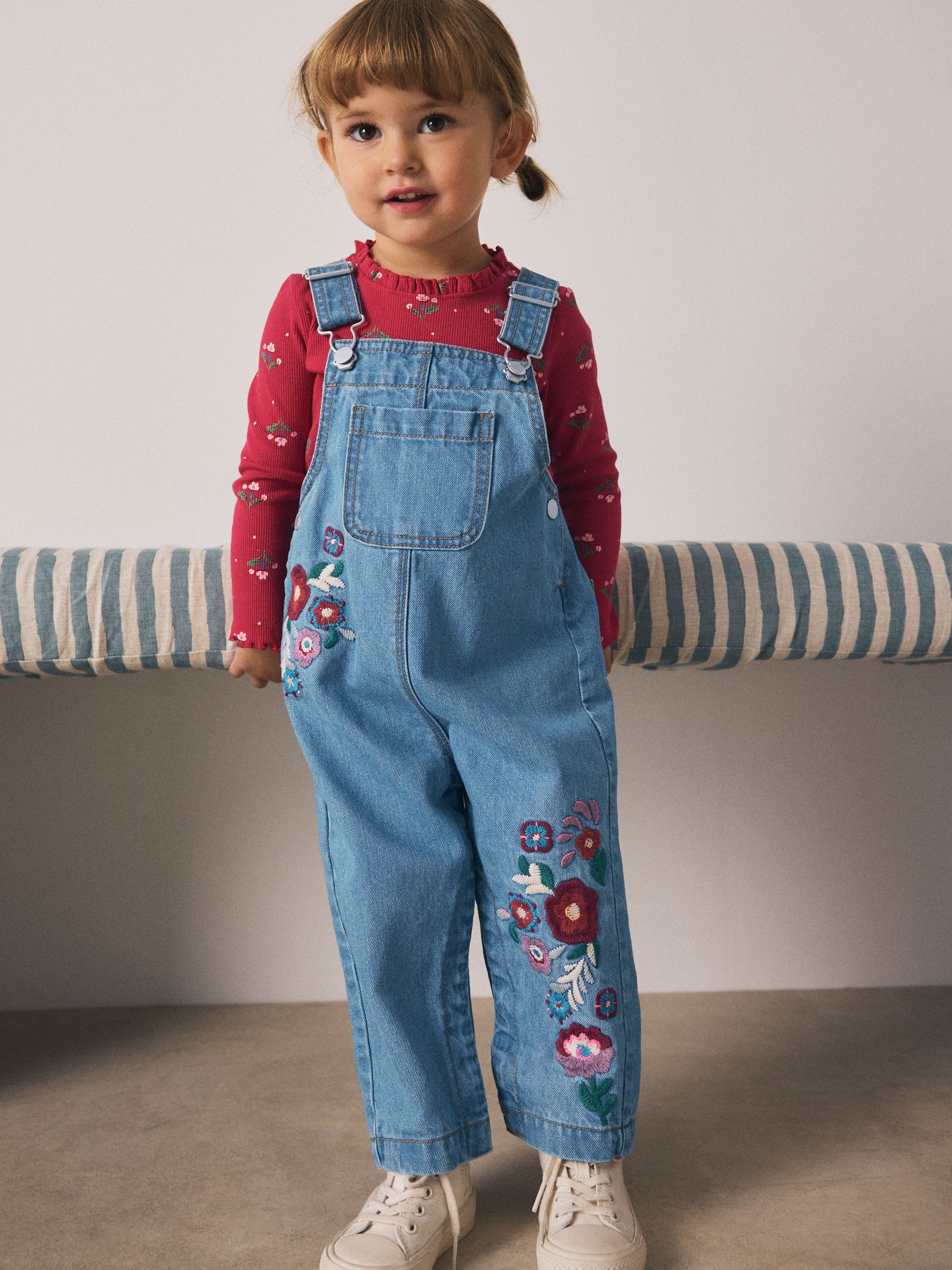 Normaal blauw - Geborduurde tuinbroek met bloemen (3mnd -7jr)