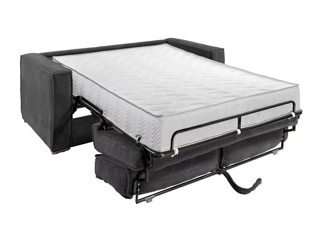 Canapé 3 places convertible express en velours côtelé gris anthracite - Couchage à lattes larges 140 cm - Matelas 22 cm LORETO