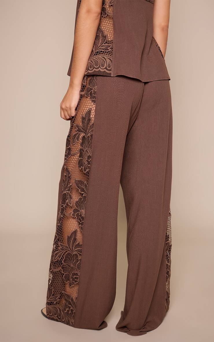 Marron Foncé Ensemble Coordonné Pantalon À Appliques De Dentelle Florale