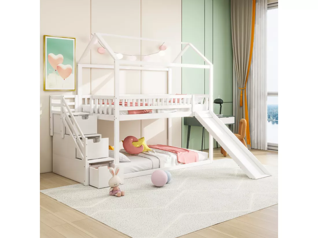 Lit superposé enfant 90x200 cm, lit mezzanine avec toboggan et échelle de rangement, barrière haute, cadre de lit en bois massif, blanc