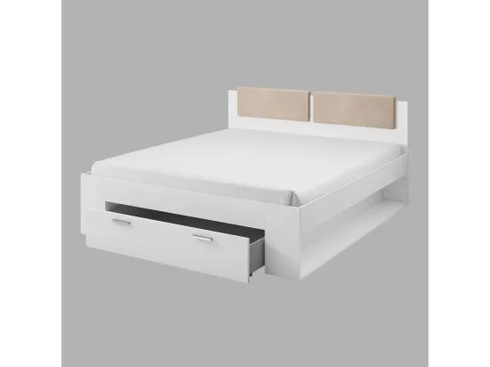 Chambre à coucher FLOYD : Armoire 220cm, Lit 140x200, commode, chevets. Coloris blanc effet bois.