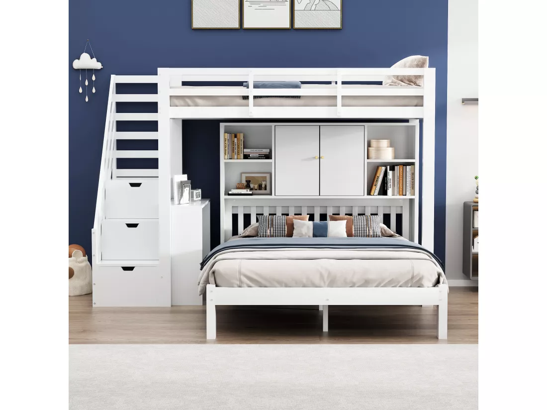 Lit superposé enfant 90x200 cm + 140x200 cm - avec escalier de rangement et bureau amovible - en Bois massif et MDF - Blanc