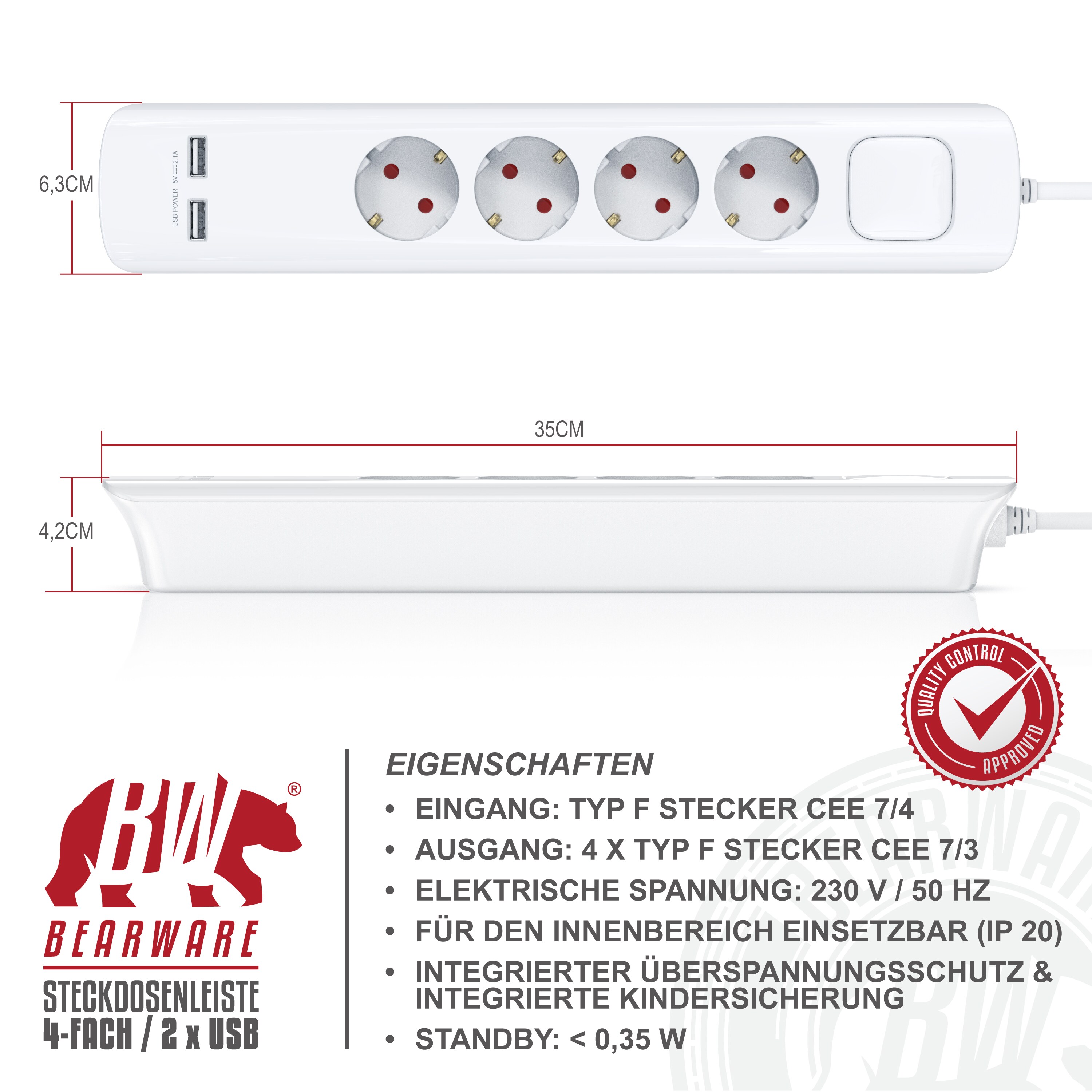 BEARWARE Steckdosenleiste Mehrfachsteckdose Steckerleiste 3680W, 4-fach