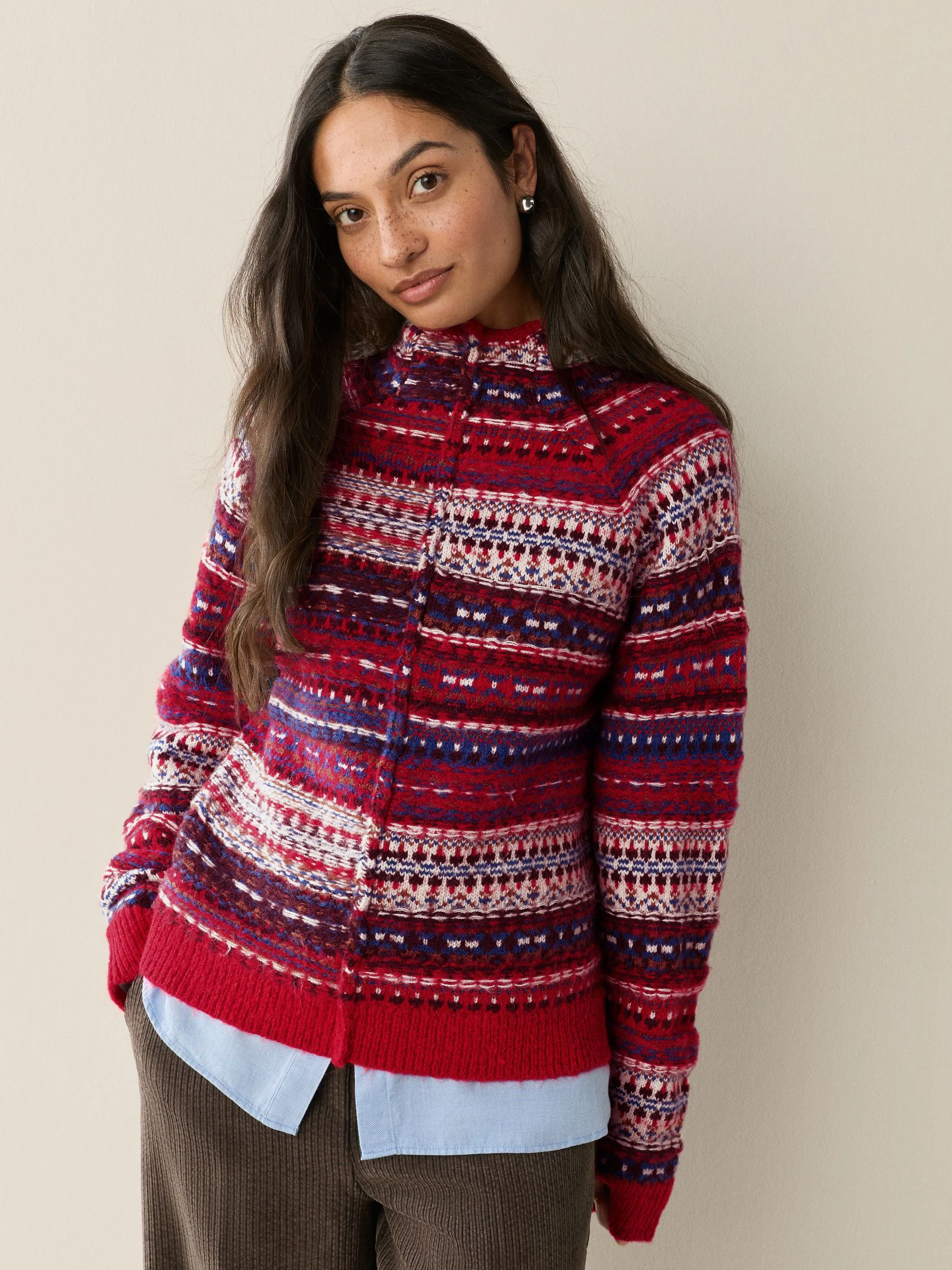 Rood/blauw meerkleurig - Stand Neck Fairisle Pattern Stitch Knitted Jumper