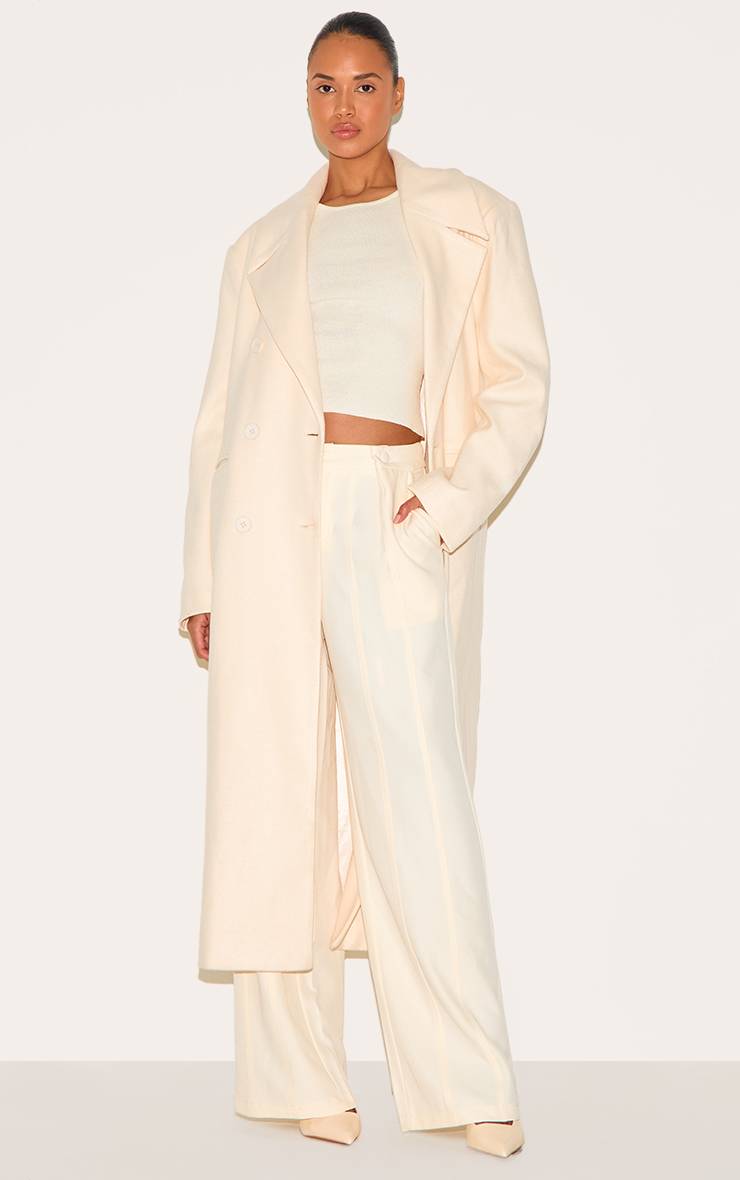 Ecru Manteau Maxi Oversize À Double Boutonnage Aspect Laine