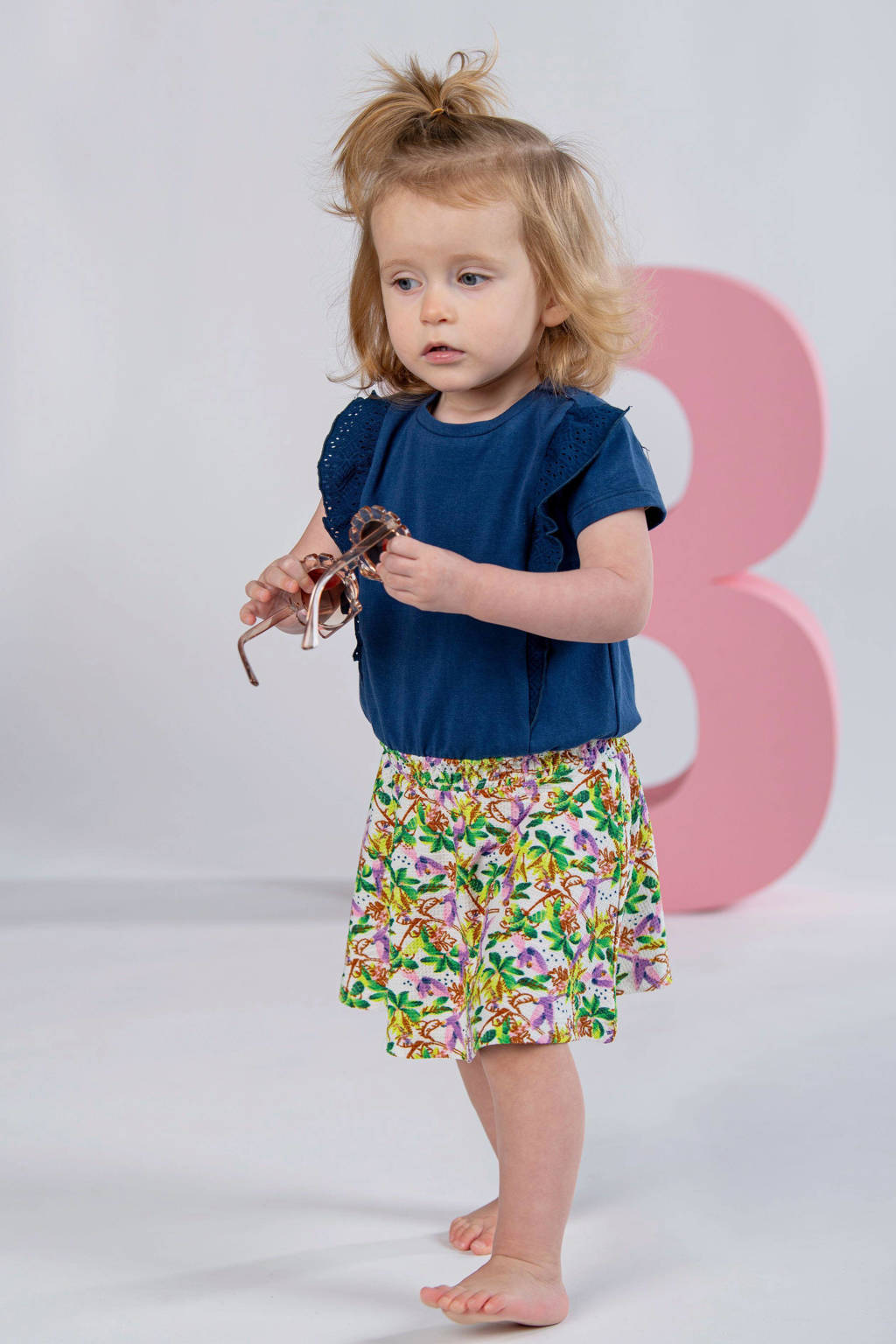B.Nosy gebloemde jurk donkerblauw/groen/roze