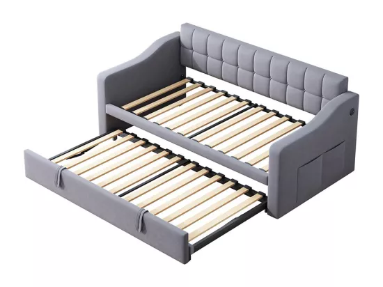 Lit gigogne 90×190 lit rembourré 2 en 1 Canapé-lit multifonction en velours avec prise de courant et sac de rangement gris