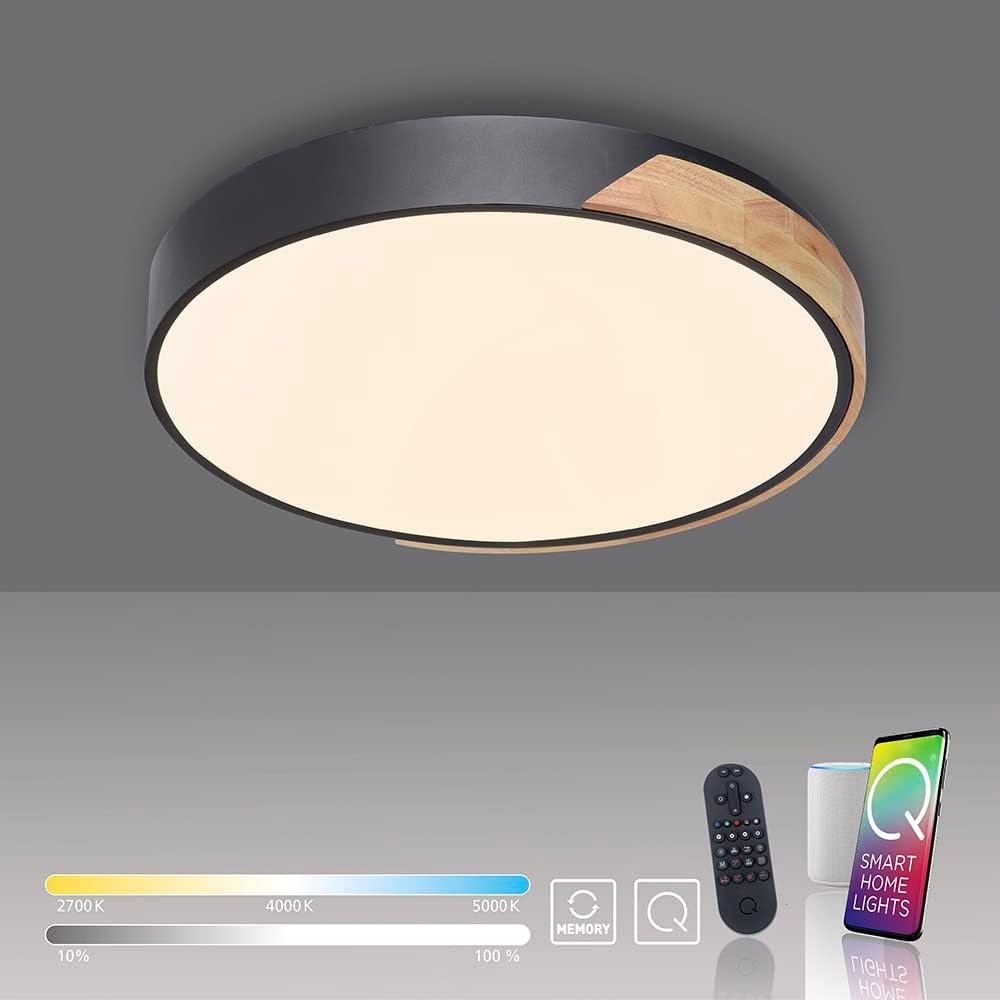 Paul Neuhaus Q-BILA 6071-18 LED Deckenleuchte Schwarz/Holz, Alexa kompatibel Smart Home, dimmbar per Fernbedienung, warmweiß - kaltweiss…