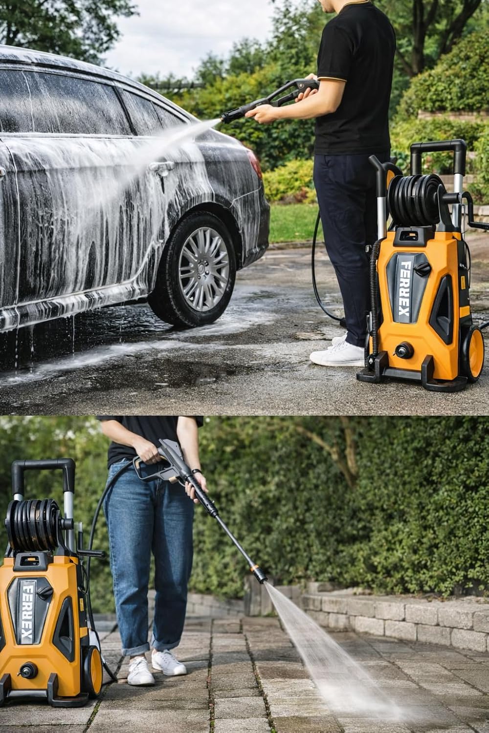 FERREX Hochdruckreiniger 2400 W, 170 bar, 500 l/h, mit Schlauchtrommel & 10 m Schlauch, Kaltwasserreiniger mit Turbodüse, Vario-Düse, Reinigungsmittelbehälter, Netzbetrieb