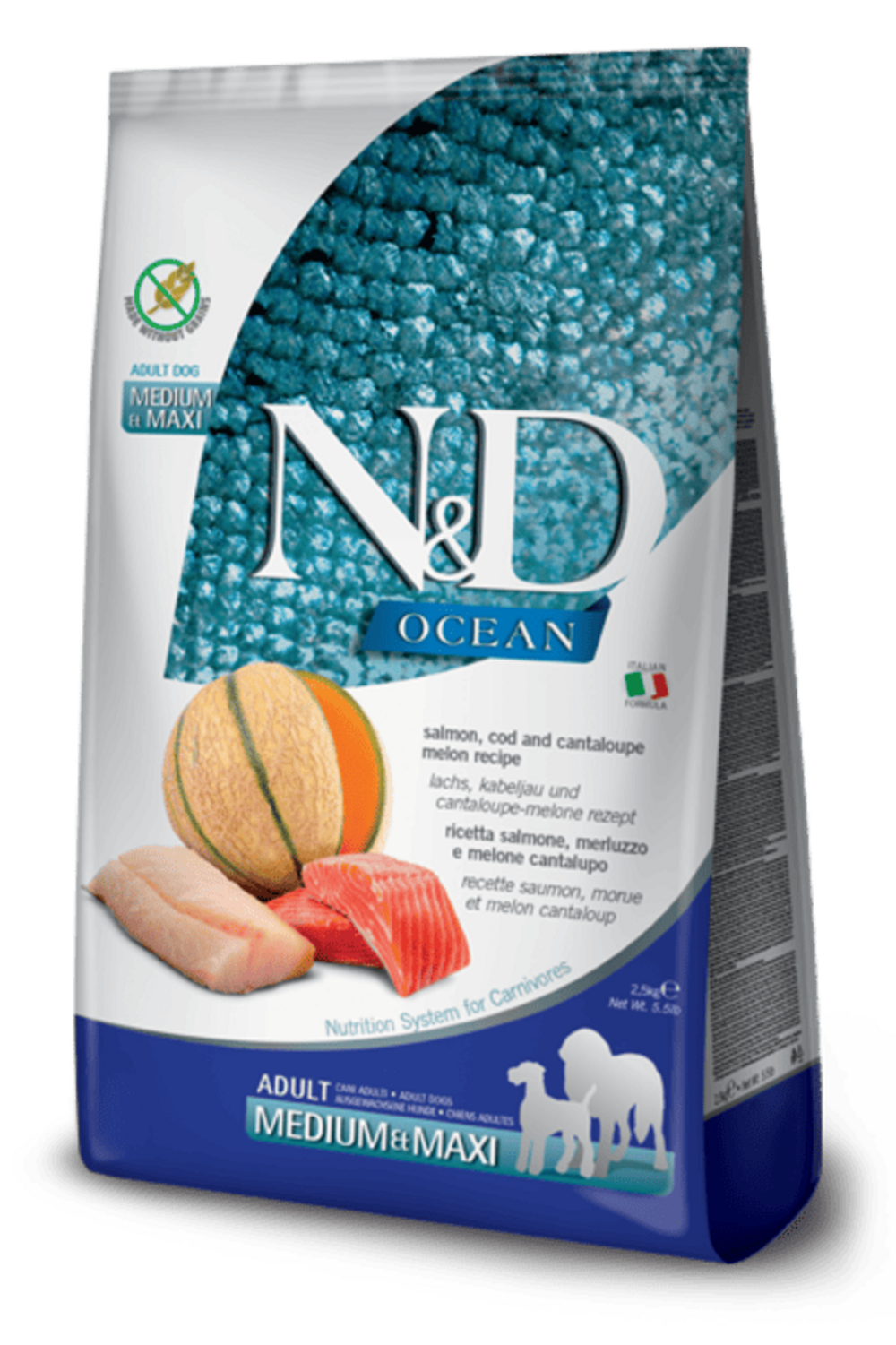 Croquettes n&d ocean saumon, morue & melon chien med/max 2,5 kg