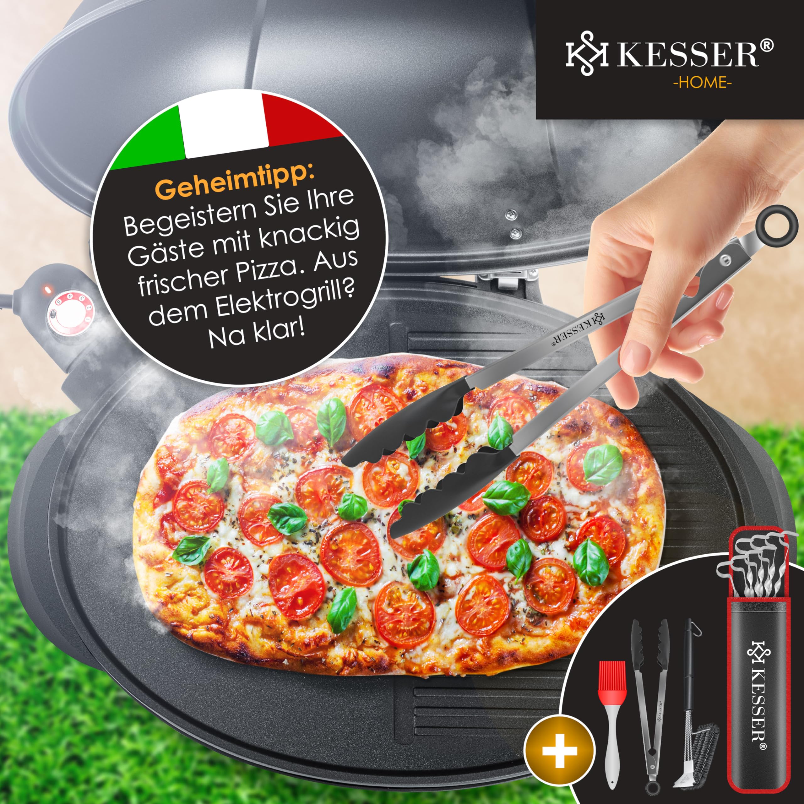 KESSER® Barbecue électrique 2 en 1, sur pied avec couvercle, Thermomètre maximum 2400 W, Revêtement antiadhésif, Plaque de cuisson XXL, Surface de rangement intégrée, Barbecue colonne électrique