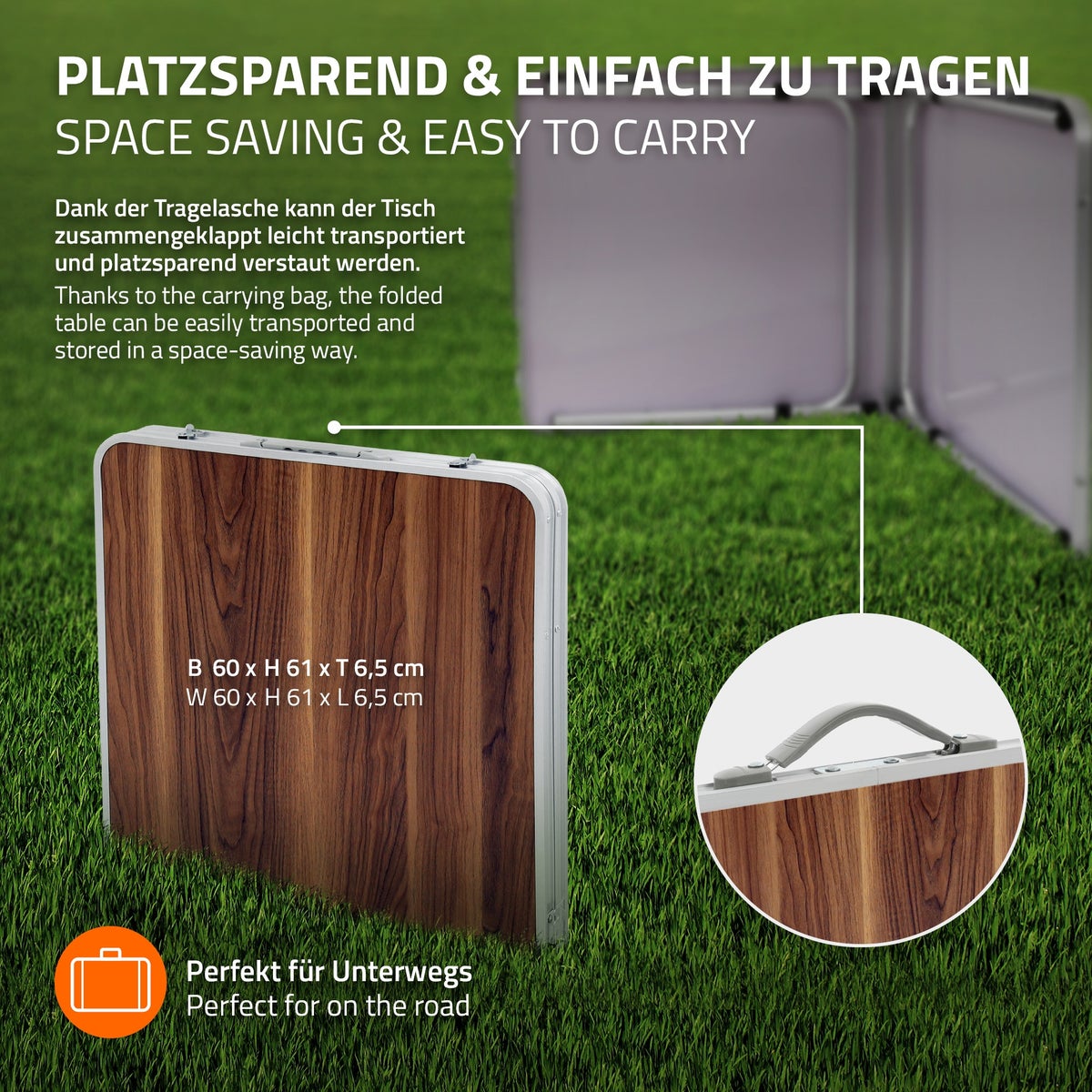 ECD Germany Campingtafel, Opvouwbare tafel met handgreep, 120x60x55/63/70 cm, Bruin, Gemaakt van aluminium en MDF-houtdecor, Hoogte verstelbaar, Opvouwbaar - Opvouwbare tafel, Tuintafel, Balkontafel, Reistafel, Werktafel