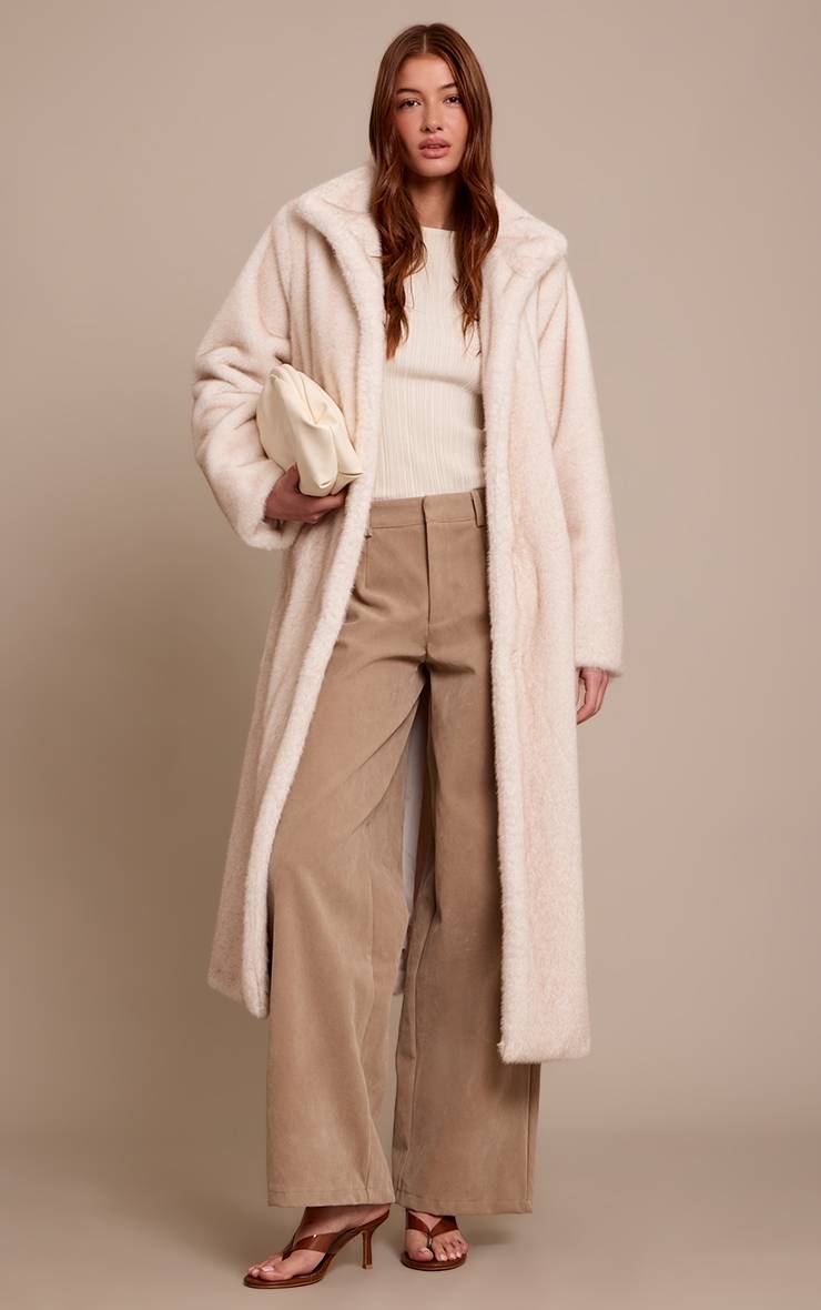 Crème Manteau Long Col Montant En Synthétique
