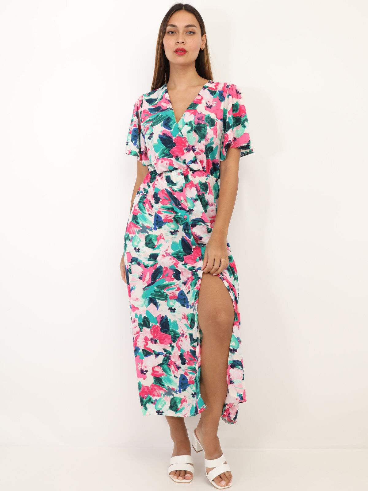Robe fendue à imprimé fleurs aquarelles- vert_rose