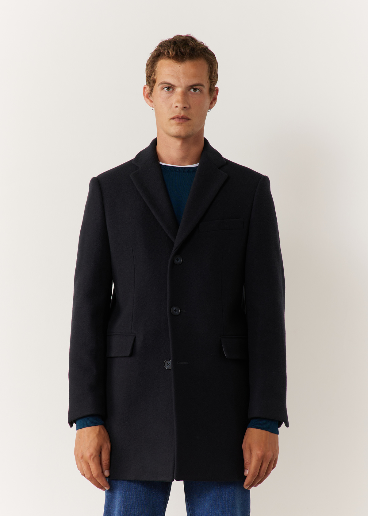 Manteau en laine mélangée unie bleu prusse à parementure amovible