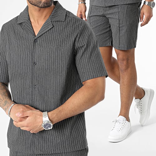 Ensemble Chemise Manches Courtes et Short Chino A Rayures Gris Anthracite