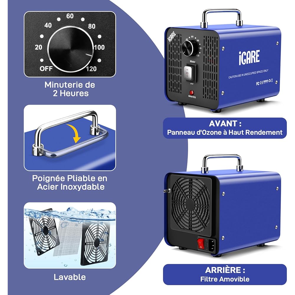 Générateur d'Ozone pour Eau et Air, 45000mg/h Purificateur d'Air à l'Ozone Éliminateur D'Odeurs avec Minuteur pour Salle de Bain, Cuisine, Animaux Domestiques, Voitures, Fumée, Eau, Fruits, Légumes : Cuisine et Maison