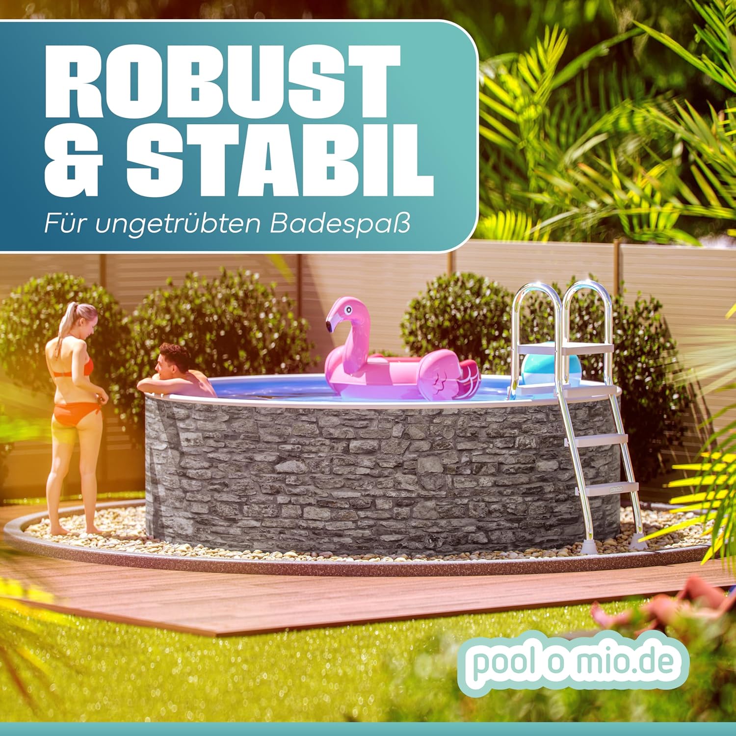 poolomio® Stahlwandpool rund 460 x 120 cm Steinoptik | Robuster Gartenpool als Aufstellbecken oder Einbaupool | Aufstellpool Komplettset mit Innenfolie 0,5 mm, Skimmer & Einlaufdüse