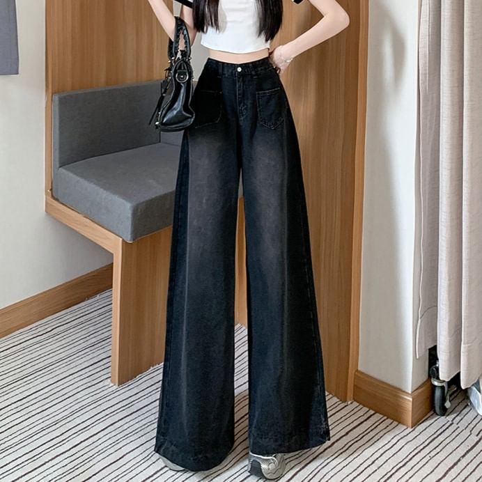Okalpis - High-Rise Washed Wide-Leg Bell Bottom Jeans
