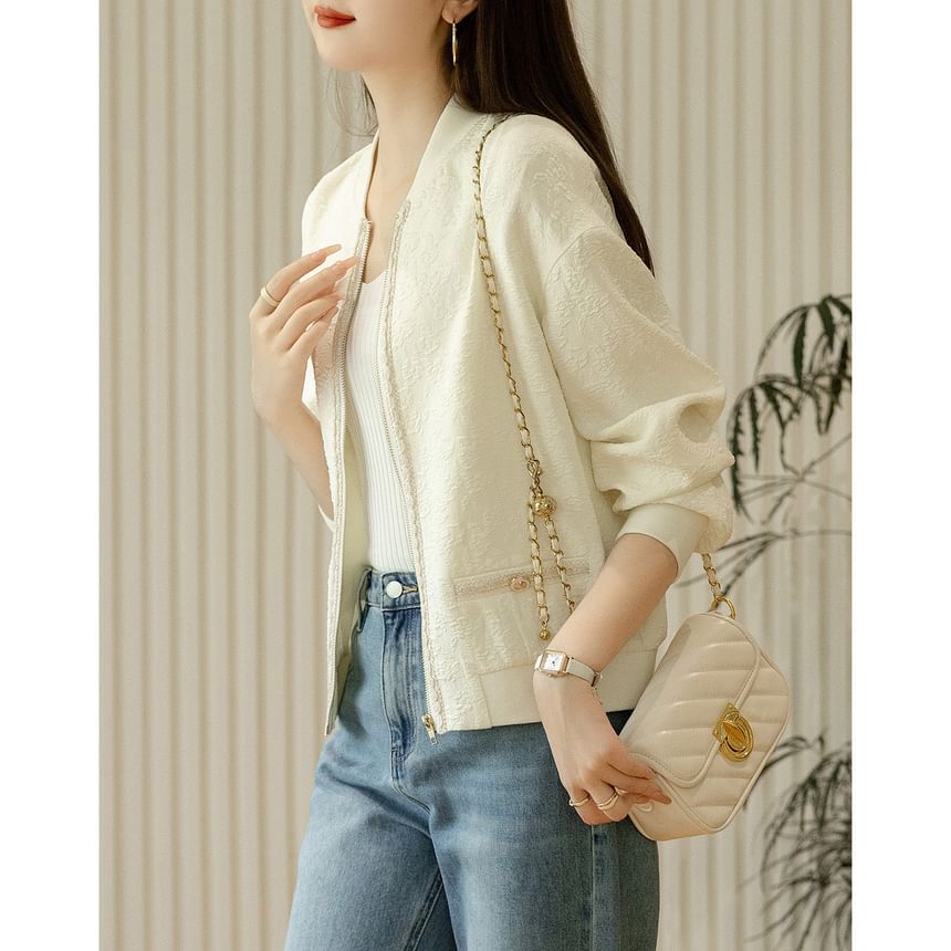 Jeonseon - Effen Jacquard Baseballjack met Bloemenmotief en Ritssluiting