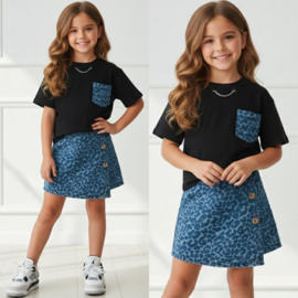 Blocked & leo denim skort set - zwart
