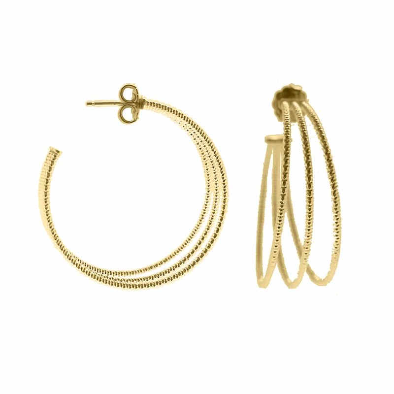 Boucles D'oreilles Créoles Trois Anneaux Moyen Modèle Argent Doré Diamanté Helena Diamètre 45mm