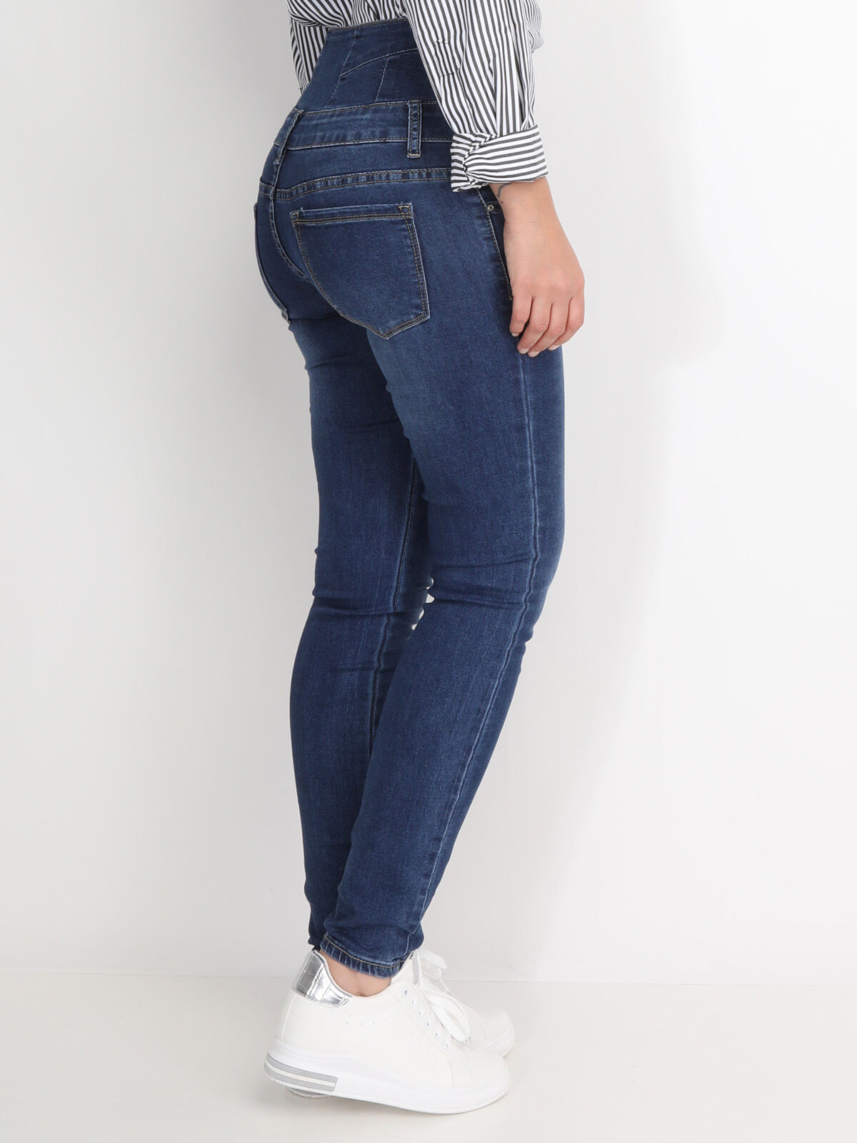 Jeans skinny délavé taille haute- Bleu